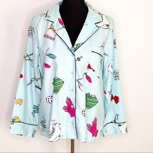 Kate Spade light blue Things We Love button down flannel pajama shirt size XL